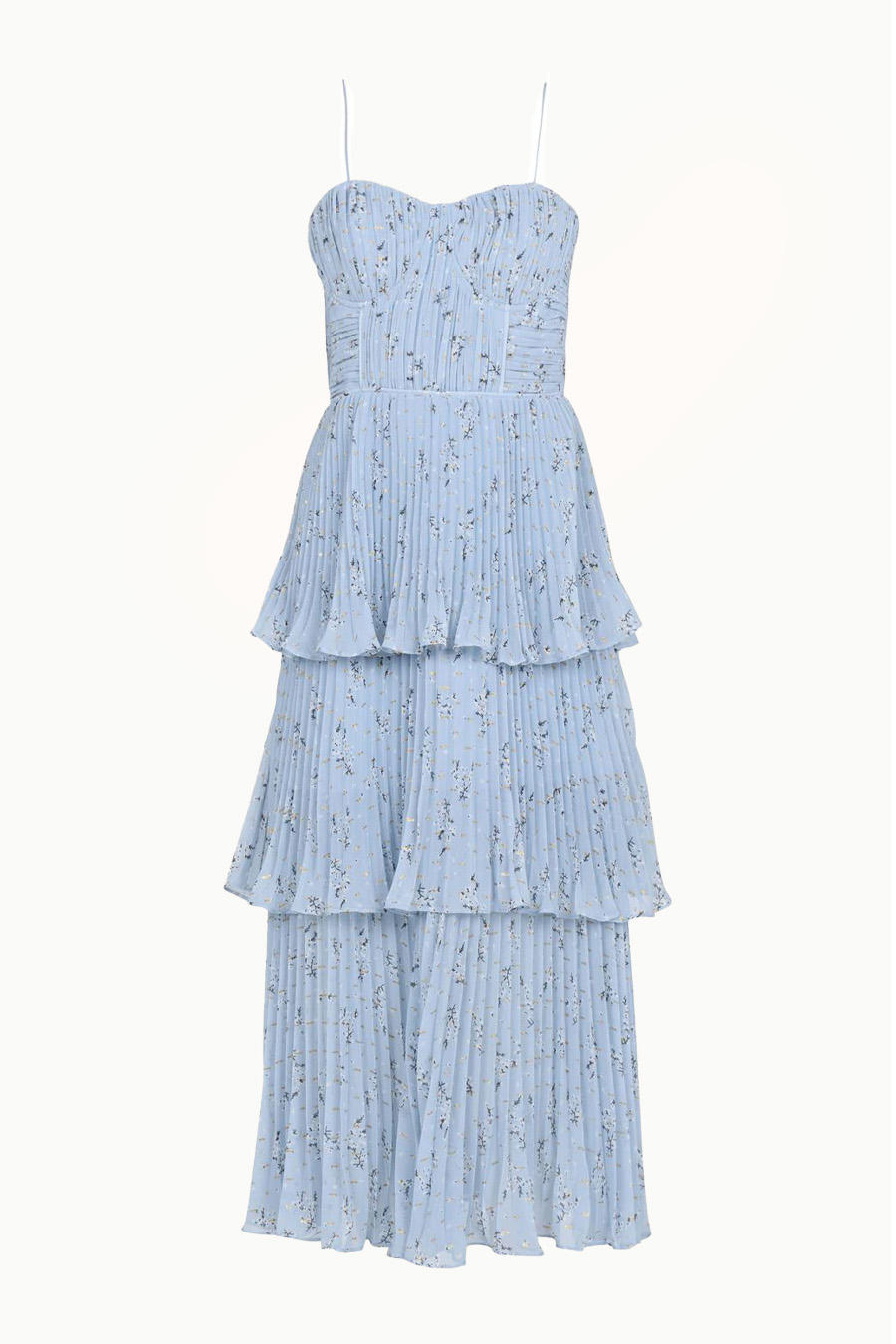 sachin and babi light blue dress Blue Chiffon Lace Tiered Midi Dress  self-portrait-US